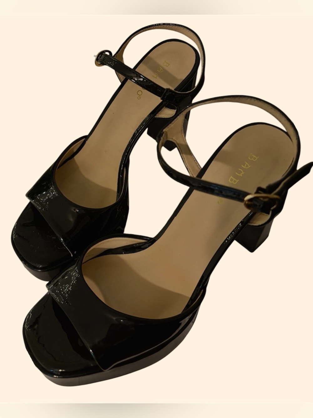 BAMBOO Black Patent Platform Sandals with Ankle Strap